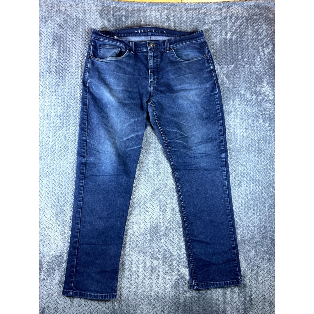 Perry Ellis Jeans Mens 36x30 Blue Denim Cotton Mid Rise Whiskered Straight Leg